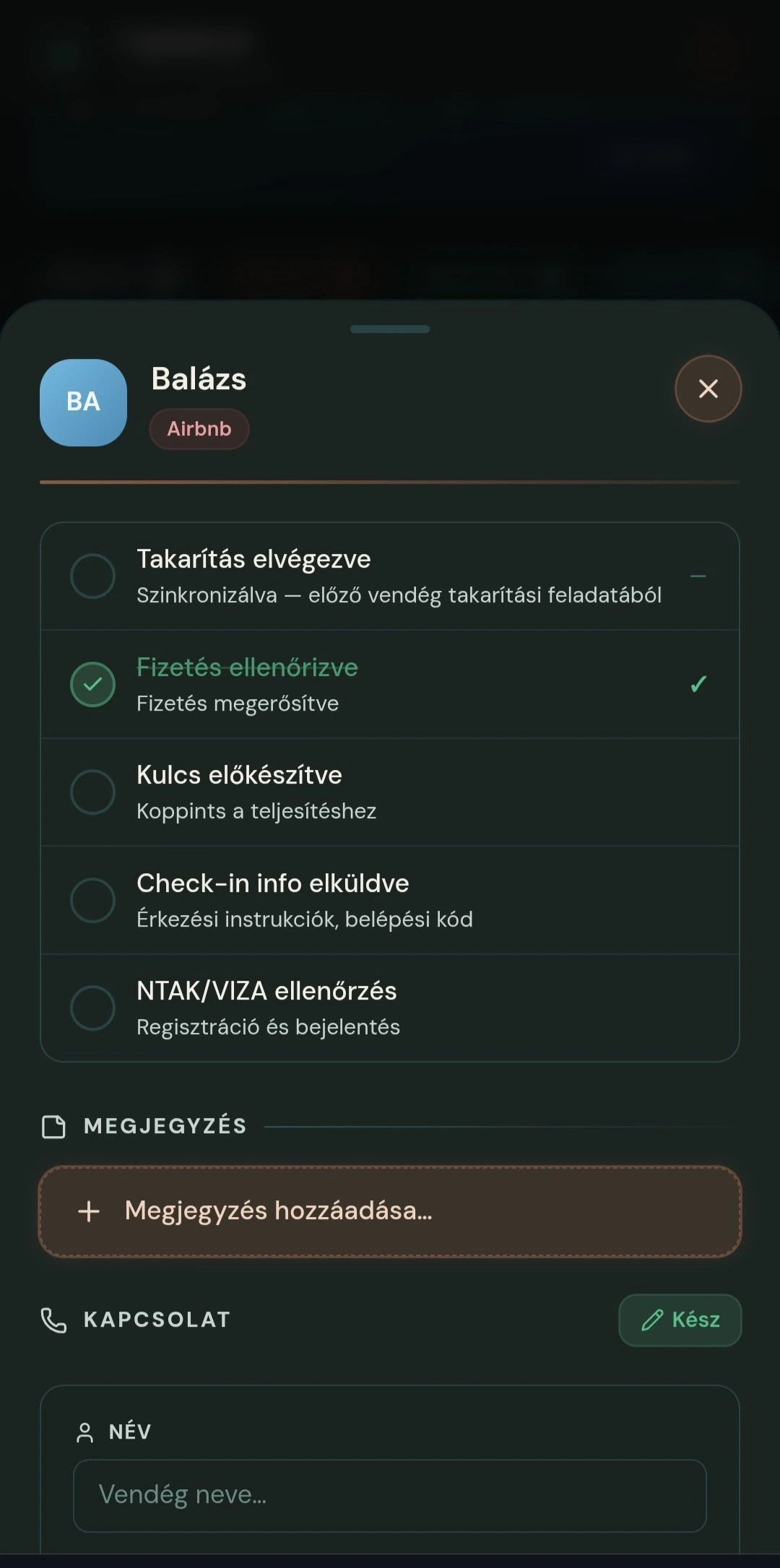 Gästeprofil mit automatisch erstellten Aufgaben (Meldeschein, Zahlung, Schlüssel, Check-in)